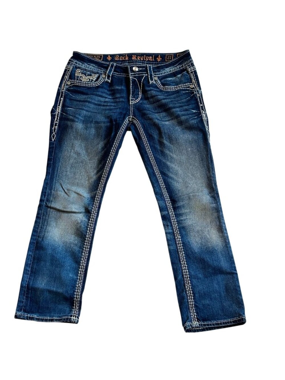 Rock Revival Kai Capri Jeans Womens 27 Rhinestone Bling Dark Wash Stretch Denim